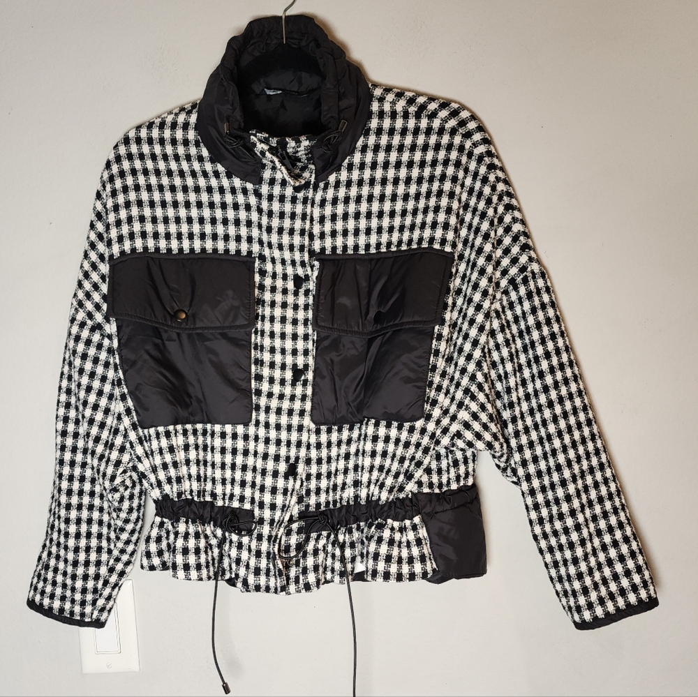 Zara Tweed Mixed Media Black Plaid Jacket‎ Size XS Oversized